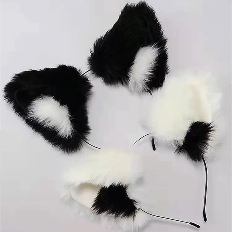 Halloween Black White Pink Fluffy Cat Ears Headband Furry Fox Headband Lolita Cosplay Costume Anime Hair Accessories