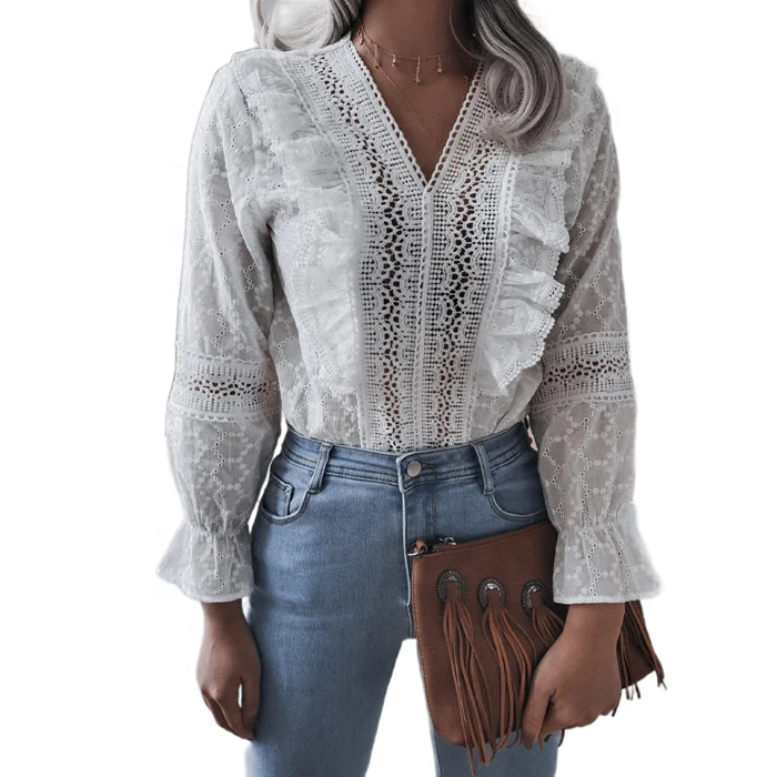 
Лидер продаж 2021, Женская ажурная кружевная рубашка Wish с длинным рукавом, белая шифоновая блузка с оборками 
