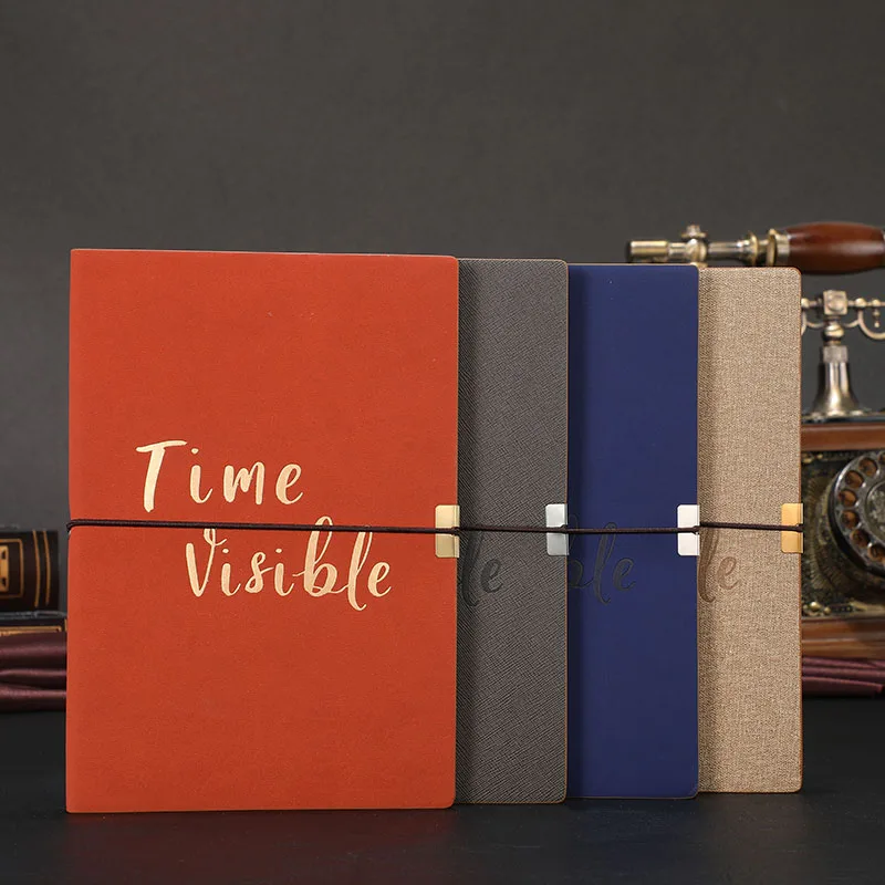 2021 A5 Leatherette Notebooks with Elastic Band Linen Finish Custom Deboss LOGO PU Hardcover Notepad  Business Agenda