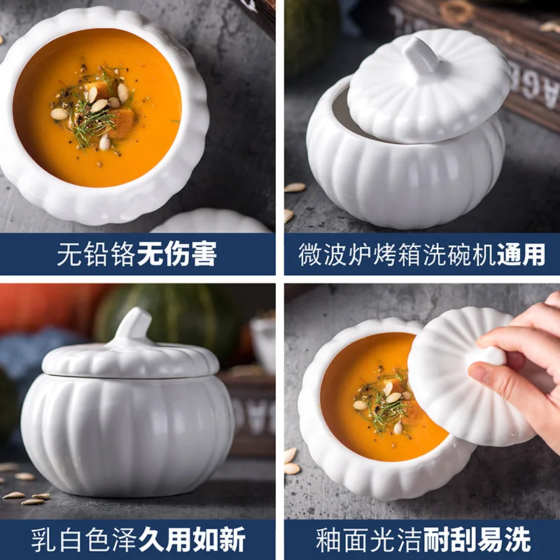 400ml wholesale microwave oven and dishwasher safe white pumpkin ceramic soup bowl with lid