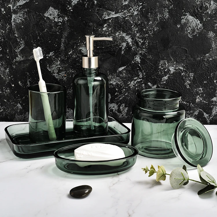 
Hotel Decorative High Quality Transparent Green Glass 5 Pieces Bathroom Accessories Set 