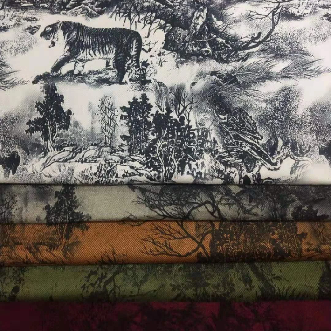 100% cotton high quality printed Chinese ink painting Oriental Patterned fabric suede for clothing