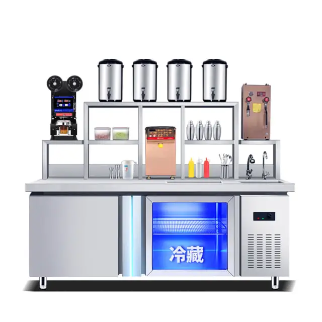 Milk Tea Making Bubble Tea Bar Counter With Refrigeration Cabinet