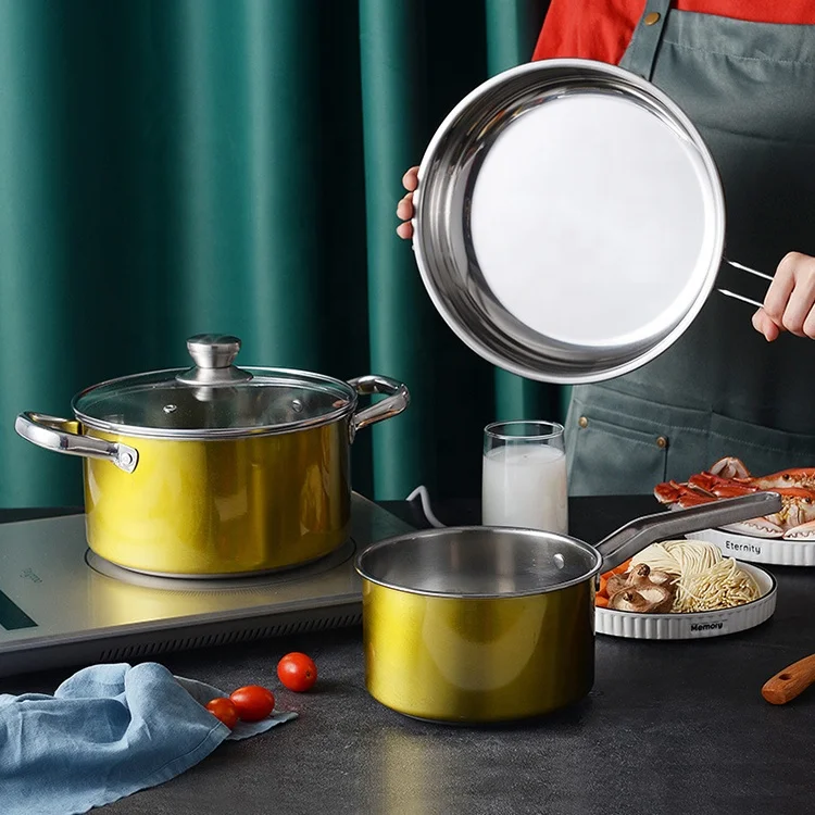 Home general stainless steel milk pot soup pot frying pan set with with glass lid
