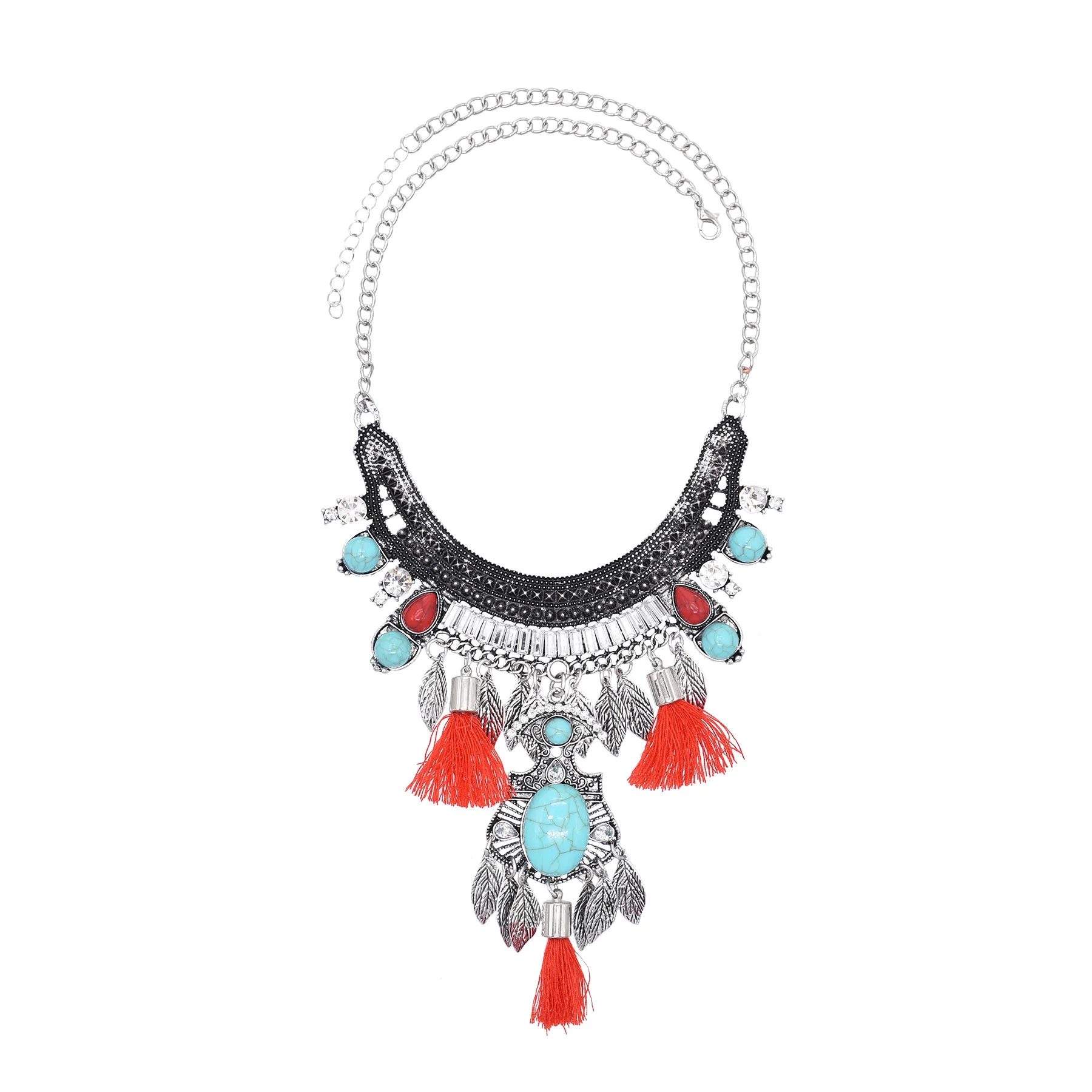 Vintage Ethnic Bohemian Silver Metal Statement Necklace Thread Leaves Tassels Jewelry Choker Necklace