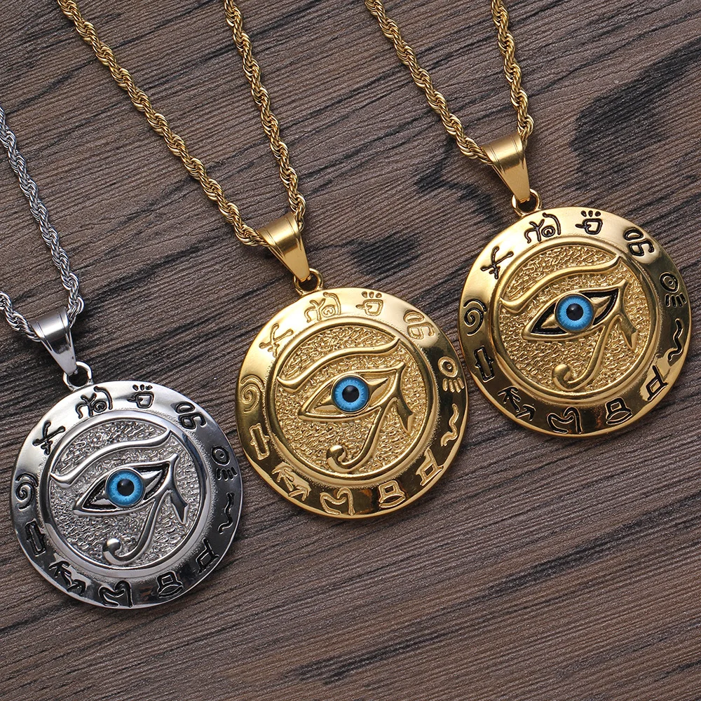 Hip Hops 316L Stainless Steel Blue Eye Pendant Necklace Titanium Steel Hip Hops Pharaonic Eye of God Necklaces