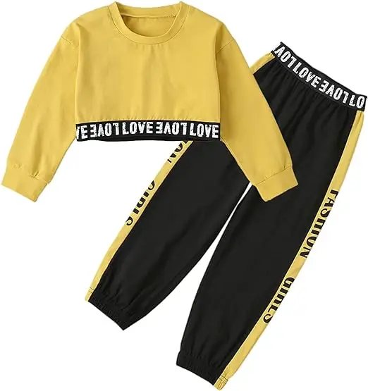 Girls 2 Piece Outfits Girls Cropped Sweatsuit Pants Outfit Clothes Set, 4T-14 Years
