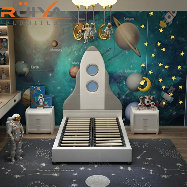 Upholstered Soft Kids Home Furniture Modern rocket shape children wooden double bed designs