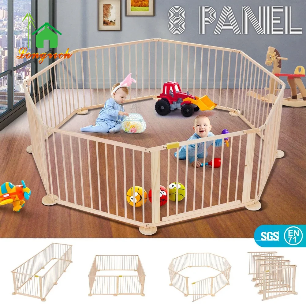Wooden Playpen Foldable Removable for Baby and Toddlers with Mat Slide Wooden Safety  For Kids Indoor