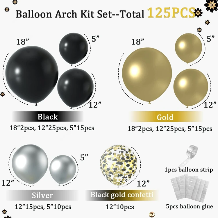 121Pcs Gold Sliver Black Balloons 5/12/18 Inch Balloon Garland For Birthday Party Wedding Bridal Shower Supplies A3073