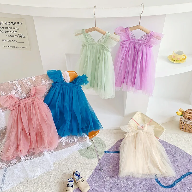 Baby Dresses for 1-5 Years Suspenders Kids Mesh Summer Dress with Butterfly Wings Little Girls Birthday Cute Princess Dress