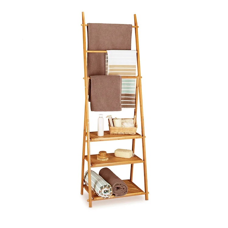 Foldable Storage Holder Clothes Stand Wooden Ladder with 3 Shelves 3 Towel Rails Folding Bamboo Towel Rack for Shower Bathroom