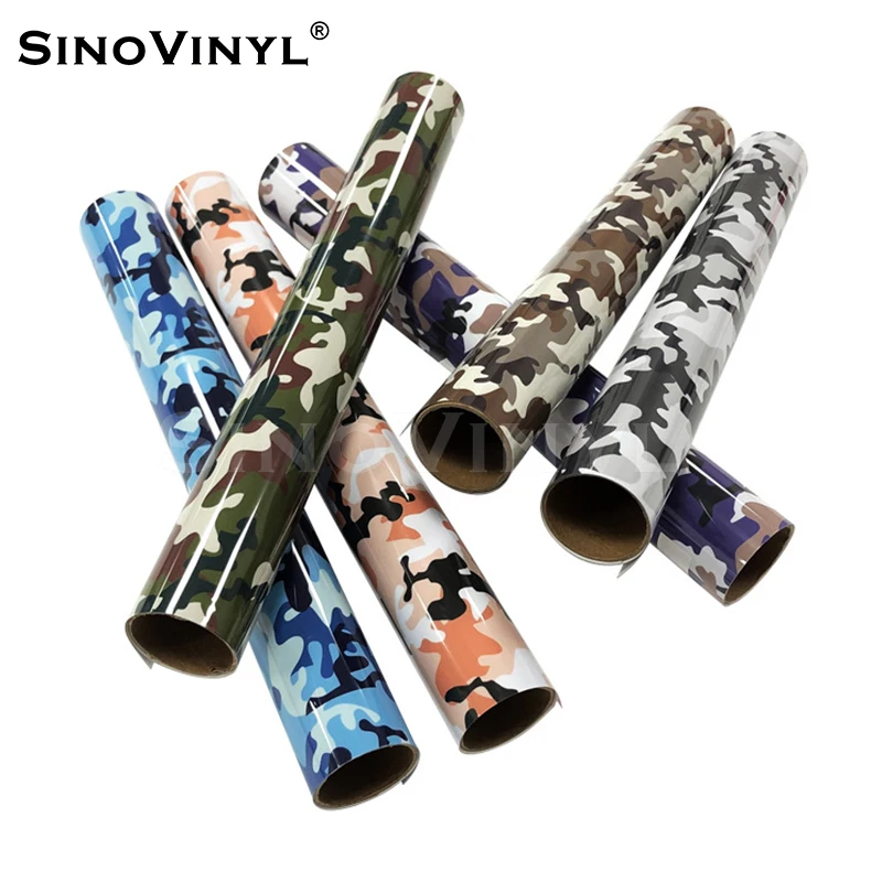 SINOVINYL 0.5x25M Free Sample PU Heat Transfer Camouflage HTV Press Pattern Vinyl Self Cutting Transfer Film For Hats