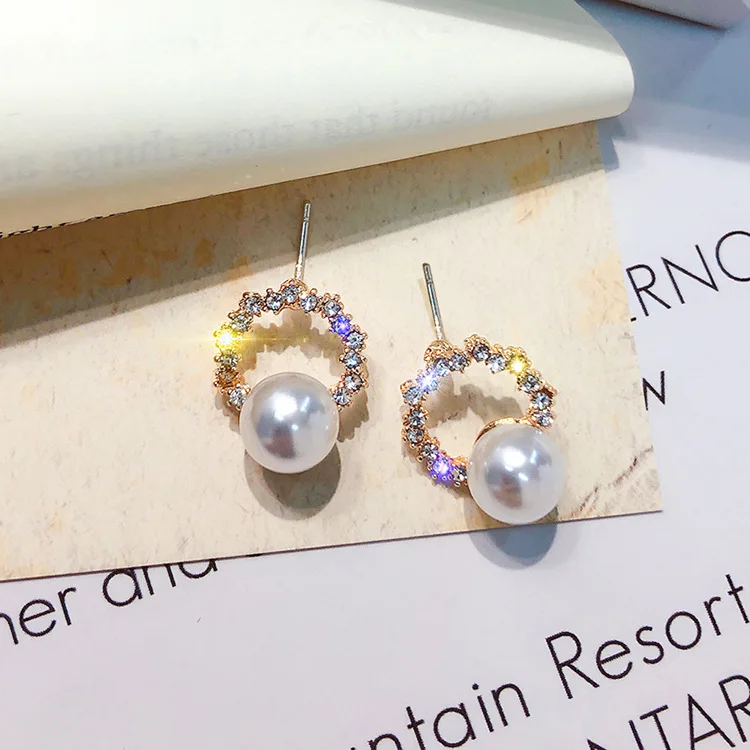  Jewelry 925 silver needle Korean geometric round small pearl earrings simple gentle diamond for women