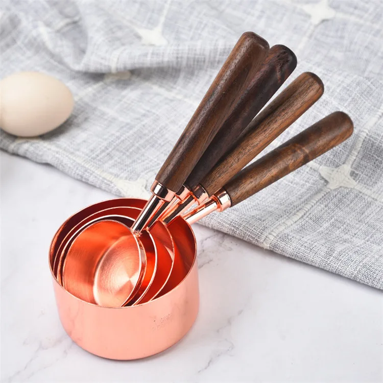 Rose Gold Stainless Steel Measuring Cups And Spoons Set with Wooden Handle Kitchen Baking Tools