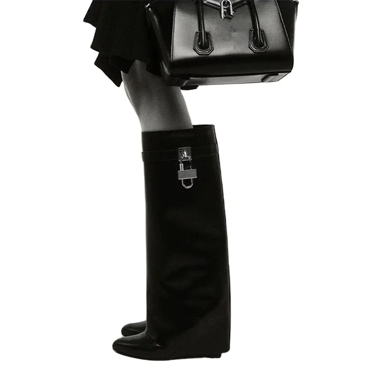 Classical Shark Lock Pants Boots For Women  Winter Solid Color Knee High Heel Boats Big Size Shoes