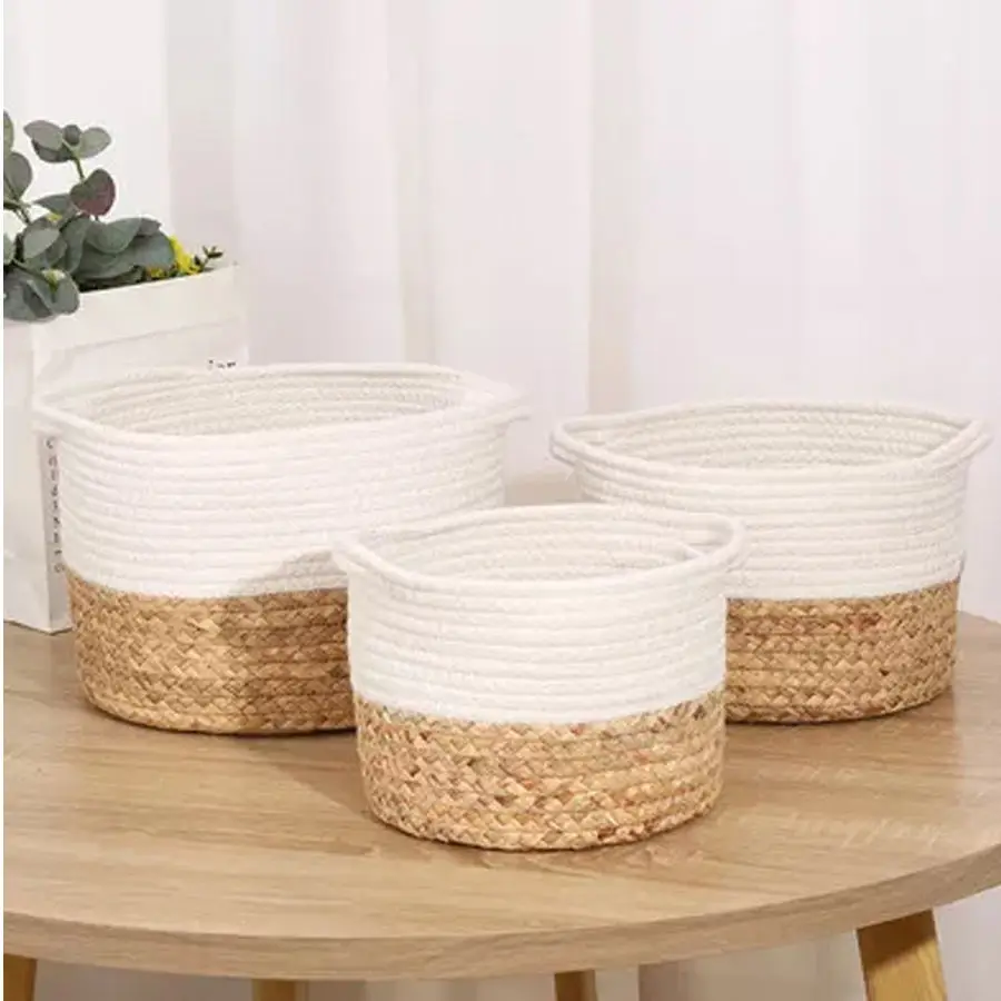 Brown Organic  Collapsible  Water Hyacinth Laundry Basket Straw Handwoven Storage Baskets rope woven storage basket