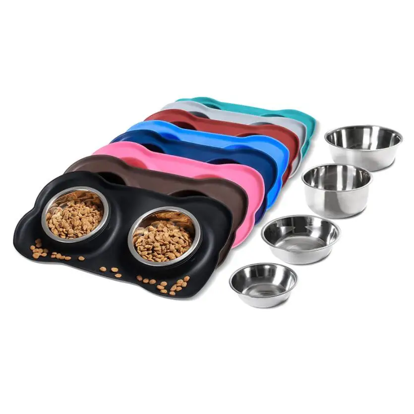 Pet Dog Bowls 2 Stainless Steel Dog Bowl with No Spill Non-Skid Silicone Mat + Pet Food Scoop Water and Food Feeder Bowls