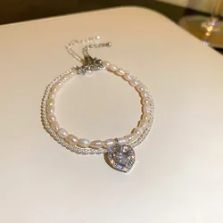 Yiwu Meise YY602 18k Gold Plated Chain Zircon Natural Freshwater Pearl Beaded Bracelet Heart Peanut Charm Bracelet