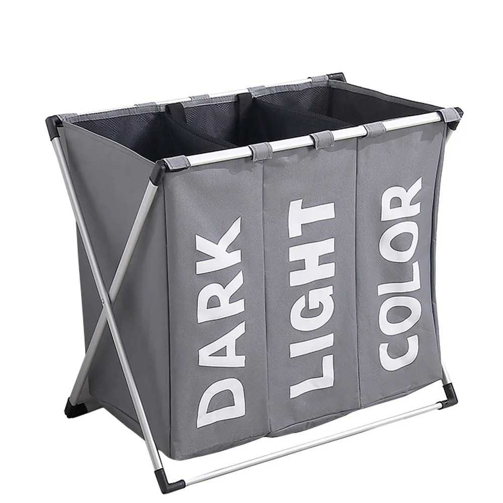 Durable 3 Rooms Basket 3 Compartments Hamper X metal Aluminium Frame Laundry basket with mesh closure