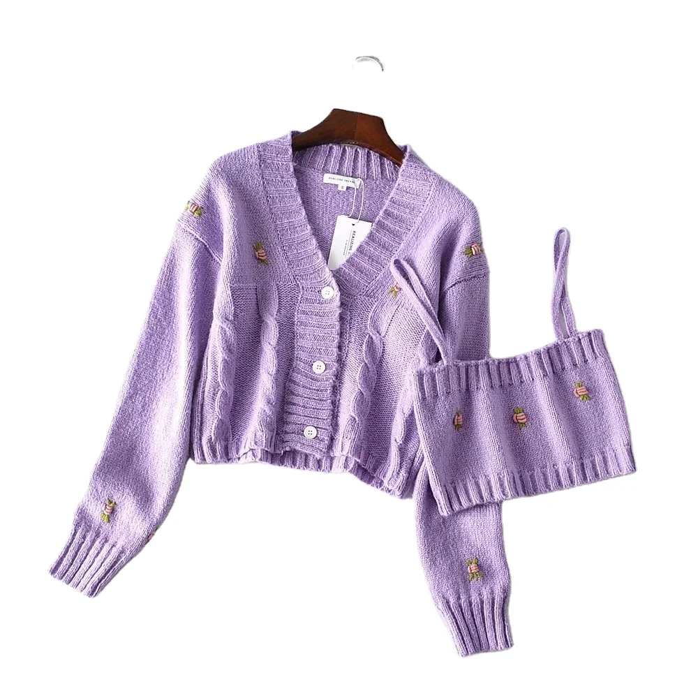 Kardashian осень 2021 женский фиолетовый вязаный крючком короткий кардиган на бретелях вязаный комплект из двух предметов новое поступление