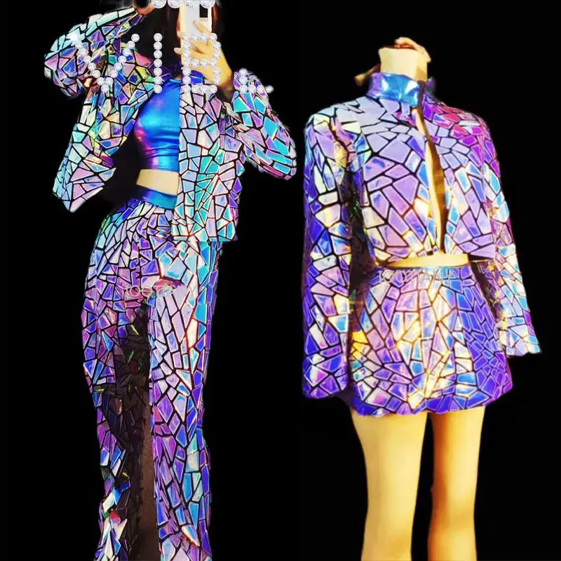 Purple Laser Mirrors Stage Performance Costume Women Singer Jazz Dance Shiny Suits Sequins Jacket Skirt Pants Performance Outfit