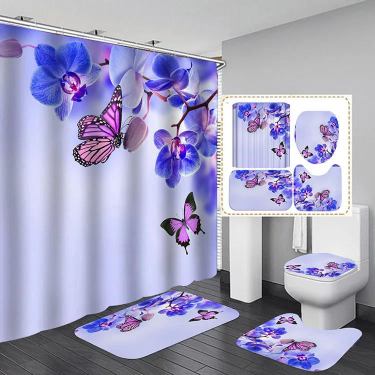 Spring Pink Purple Floral Waterproof Fabric Shower Curtain Set with 3 Bathroom Mats