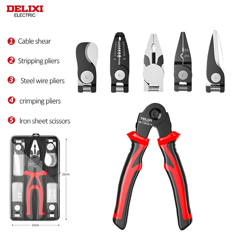 DELIXI ELECTRIC 5 In 1 Electrician Plier Needle Nose Plier Multifunctional Hardware Household Manual Tool Set for Wire Stripping