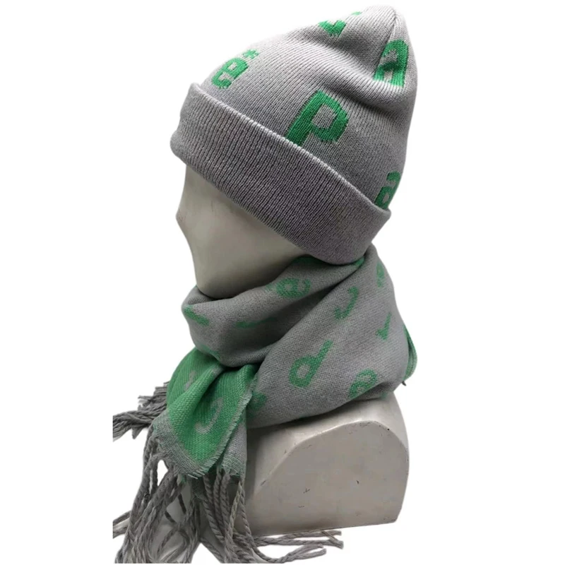 Wholesale Customized Good Quality Jacquard Knitted Wool Beanie Hat With Scarf