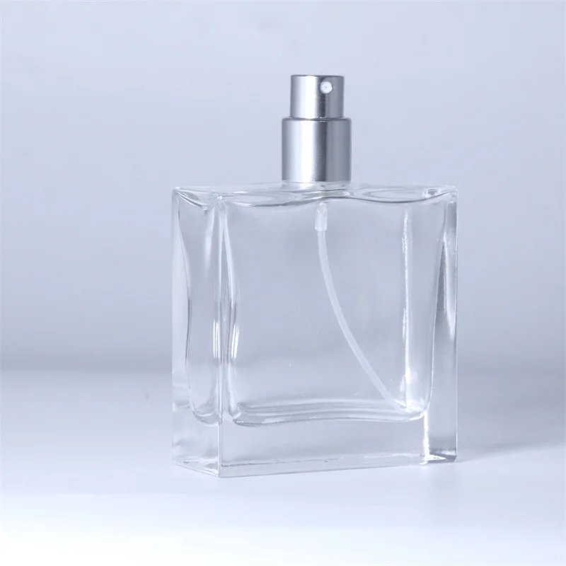 Transparent 50ml square spray perfume glass bottle and cap with box in stock