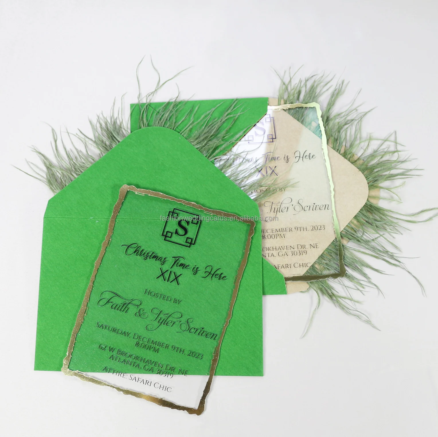 2024 Newest Chic Feather Design Custom Color Velvet Envelope Clear Acrylic Invitations Luxury Wedding Acrylic Invitation Cards