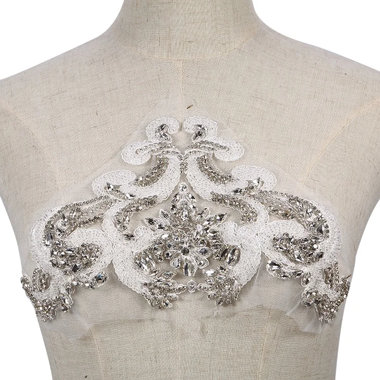 RM372 fashion handmade crystal rhinestone applique for bridal crystal beaded bodice embroidered patches