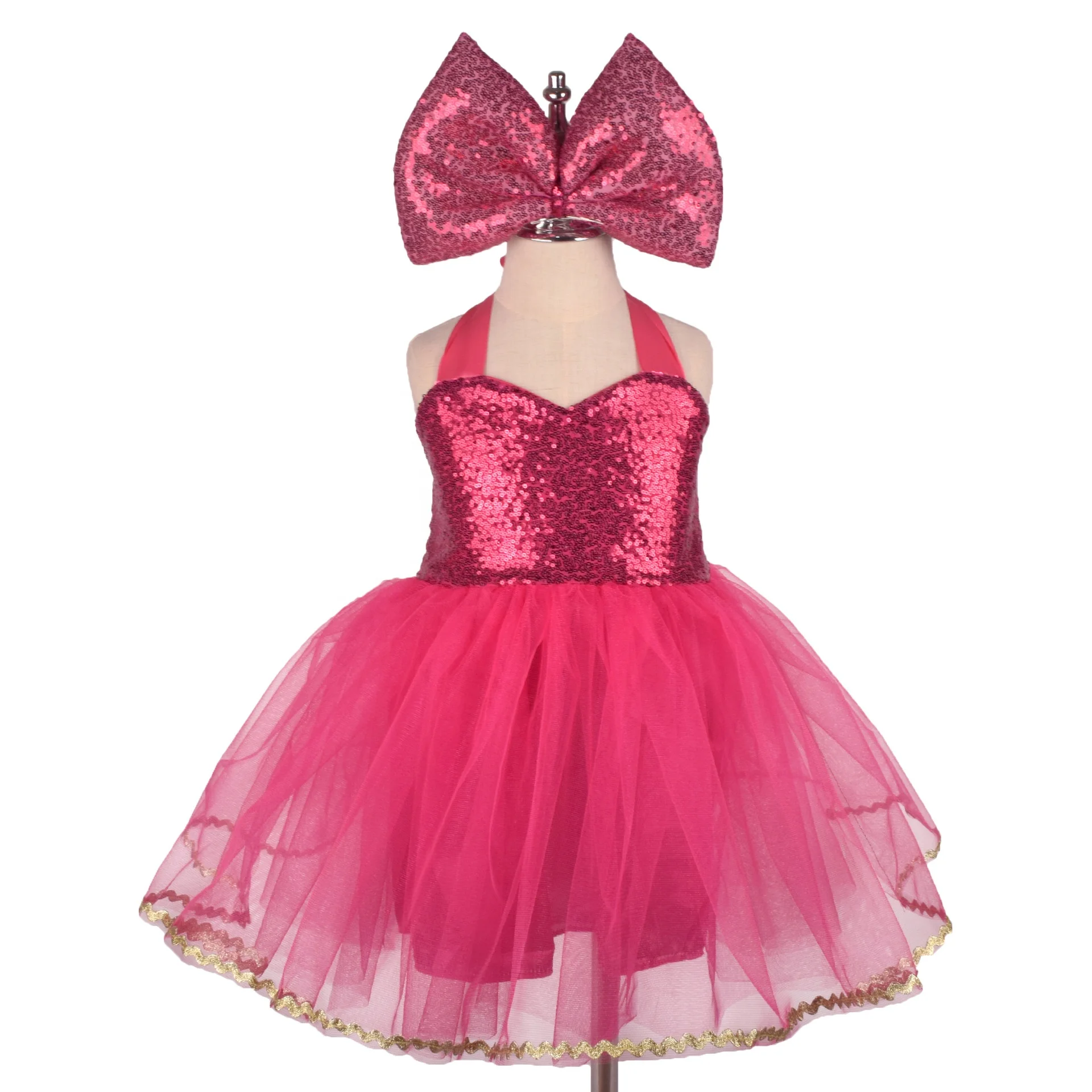 6M-12Y Kids Child Halloween Cosplay Barbi Hot Pink Sequins Dresses for Girl Baby Birthday Tutu Princess Dress and Big Bow