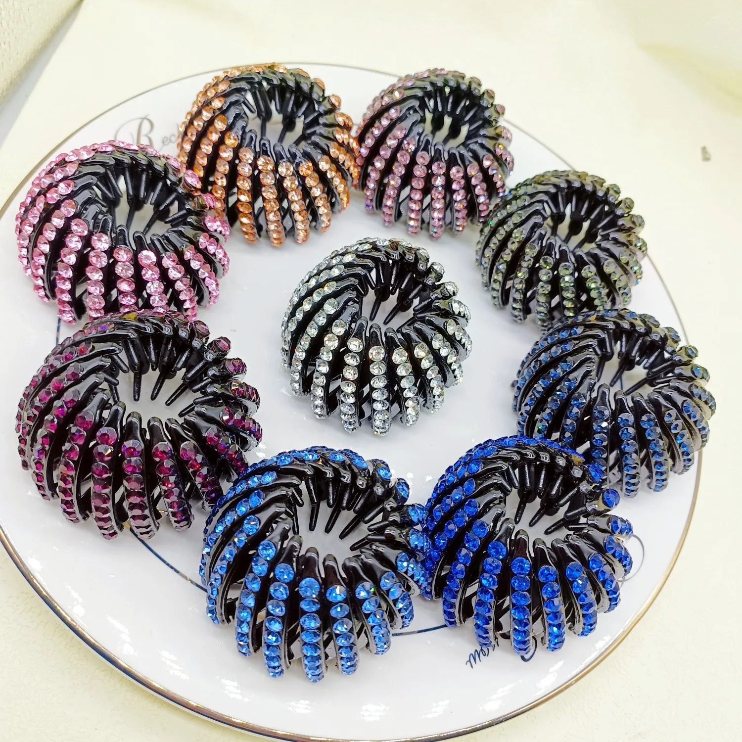 Mylulu Ponytail holder jeweled crystal rhinestone hair clamps retractable black plastic hair claw bird nest magic hair clip