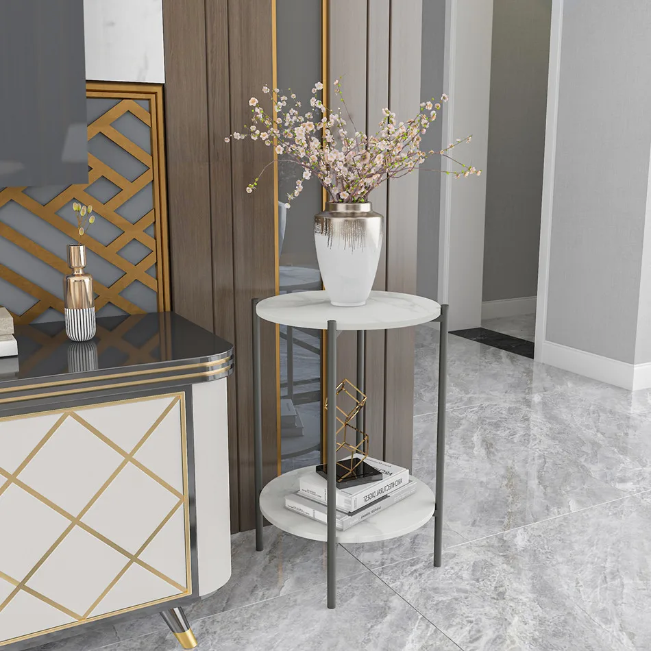 2-tier Round Sintered Stone Side Table Coffee End Table Metal Frame for Living Room Bedroom Decor