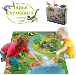 Dinosaur Toy Figure w/ Activity Play Mat,STEM Toys Educational Realistic Dinosaur Play Set 14Pcs Dinosaur