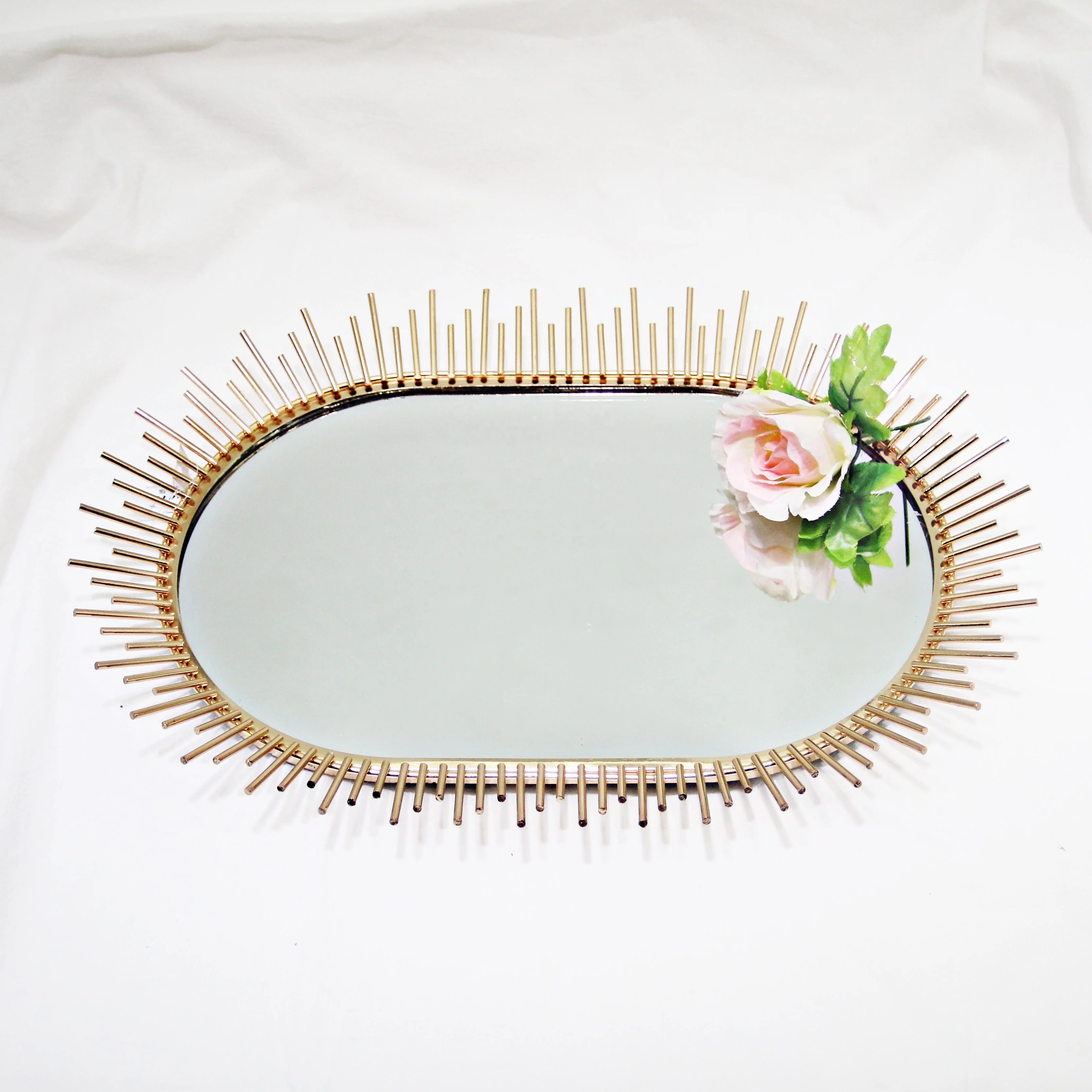 gold plated oval metal vanity mirror jewelry display tray for table decoration