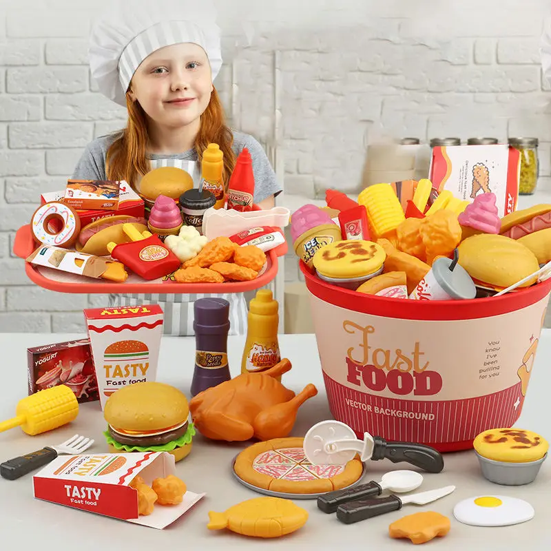 82pcs Kids Kitchen Toys Fast Food Restaurant Hamburger Set Pretend Play Mini Kitchen Food Educational Toy Role Playing House