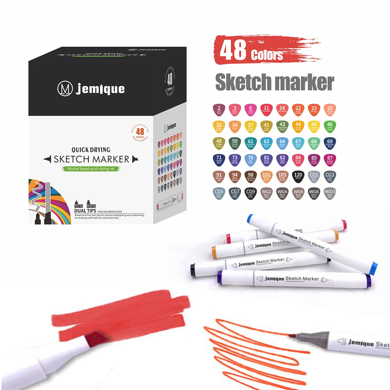 BV Verified 48 Colours Alcohol Brush Markers Pens Set Dual Tip Graphic Illustration Art Sketch Markers