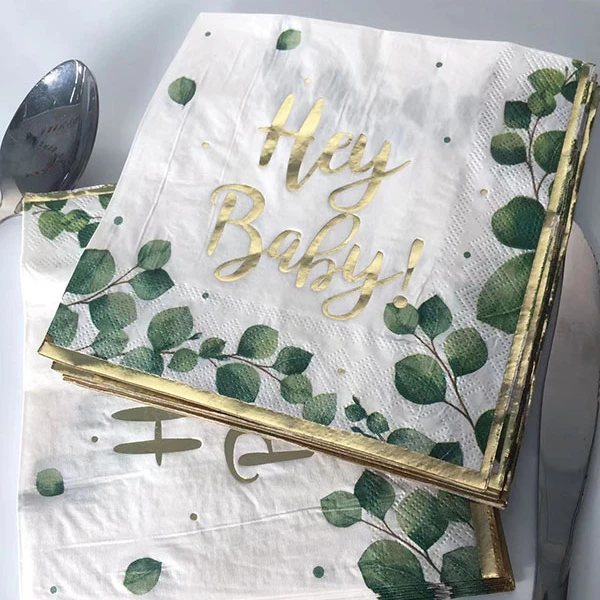Green leaf gold foil printed paper napkins for decoupage hand towels disposable cutlery set with napkin