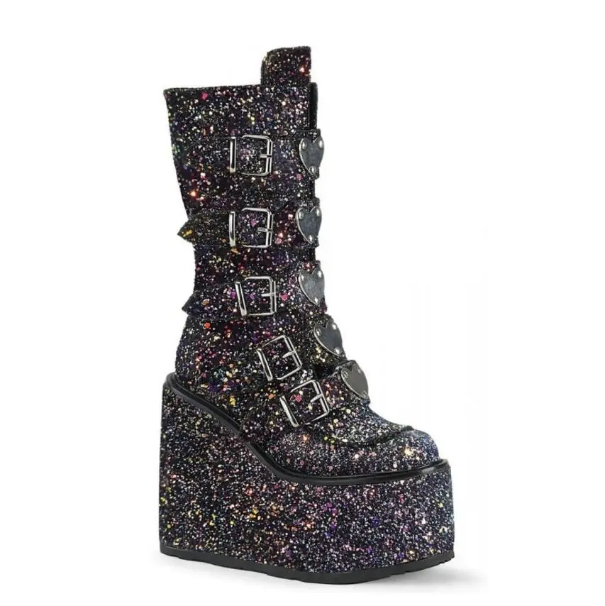 new Customized  Pink Glitter Sequins Heart Round Toe Platform Shoes Knee High Big Size Punk Shoes Fashion Wedge Cool Boots