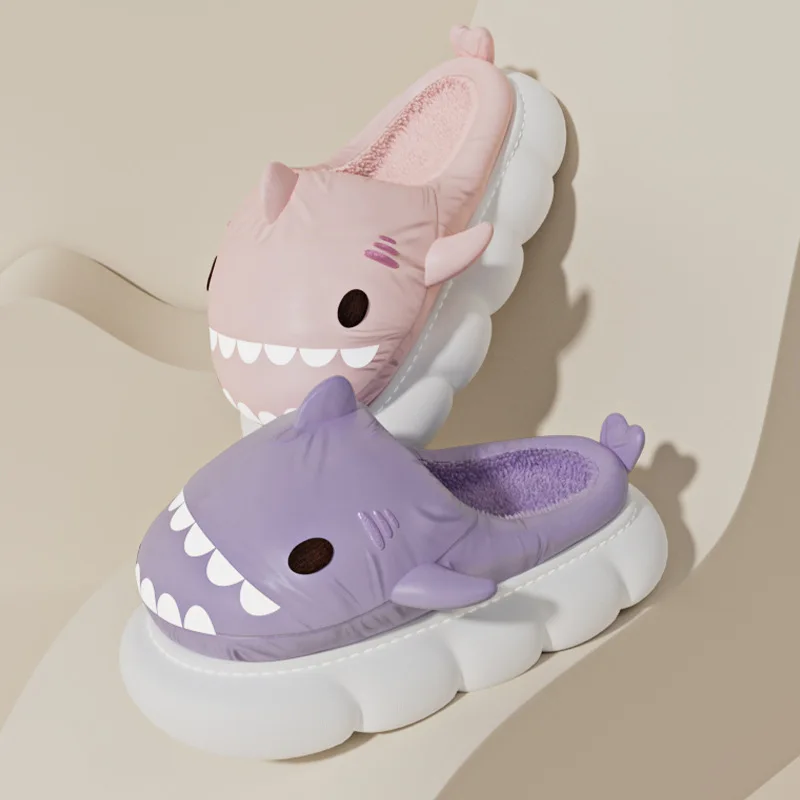 Winter warm Adult chinelos masculinos pantuflas de peluches EVA Fluffy Cozy home slippers Animal Cute Cloud Shark slides slipper