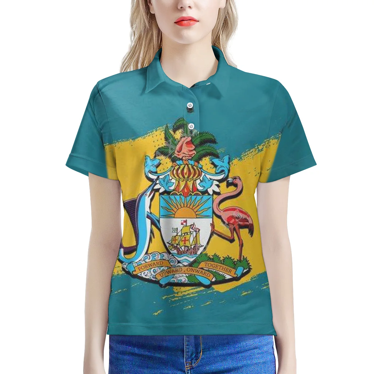 2023 Bahamas Pattern Blue Marlin Coat Of Arms 3D Print Polo T-Shirt Women Collar Short Sleeves Streetwear Casual Top New Summer