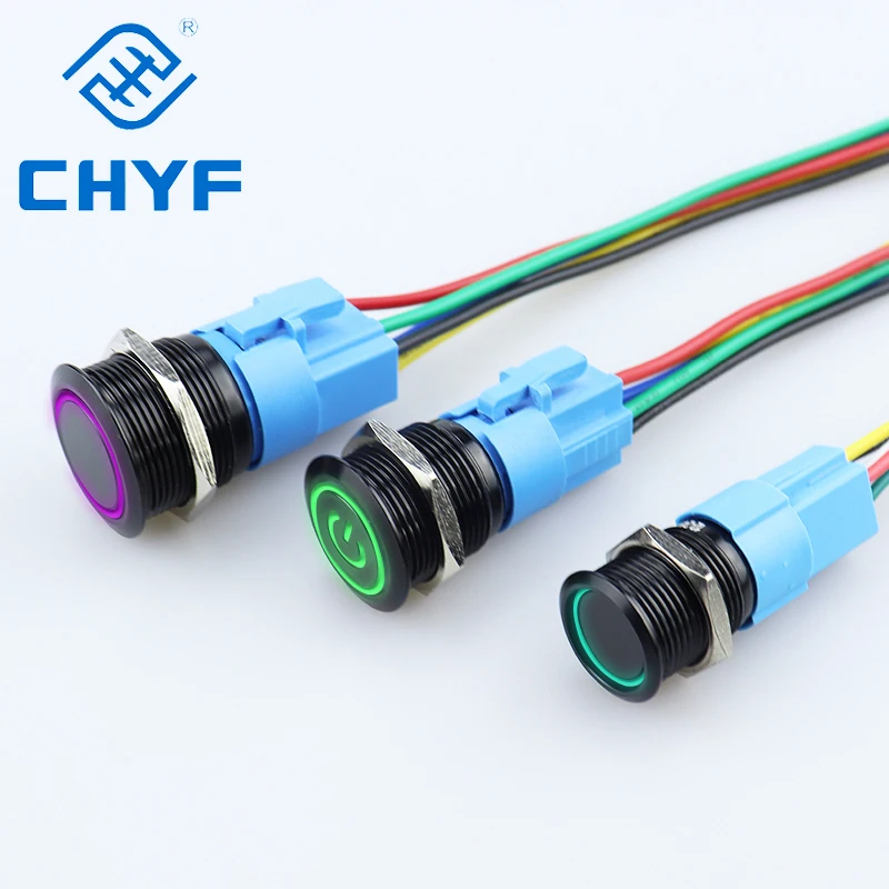 Black 12mm latching self-locking flat head high head 3 pins 5 pins aluminium alloy button switches