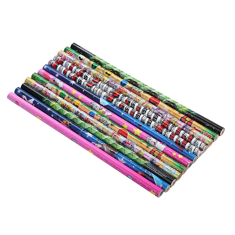 Pencil manufacturers customize color printing film thermal transfer kids HB 2B cartoon round pencil with eraser