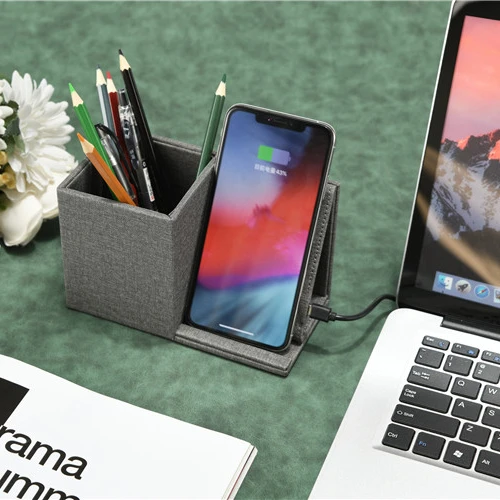 Office Tech Gadgets Pencil holder with PU leather 10W mobile phone holder wireless charger for promotion gift