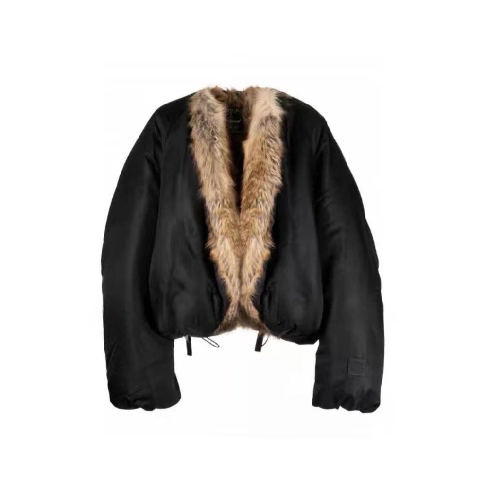 Raccoon Faux Fur Stand Collar Cropped Puffer Jacket Quilted Jackets New Fashion Nylon Duck Down Coat Jackets For Women