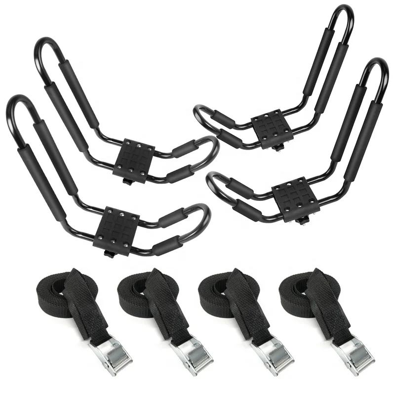 1 Pair and 2 Pairs J Bar Rooftop Kayak Rack with Tie Down Straps for Canoe and Surf Board
