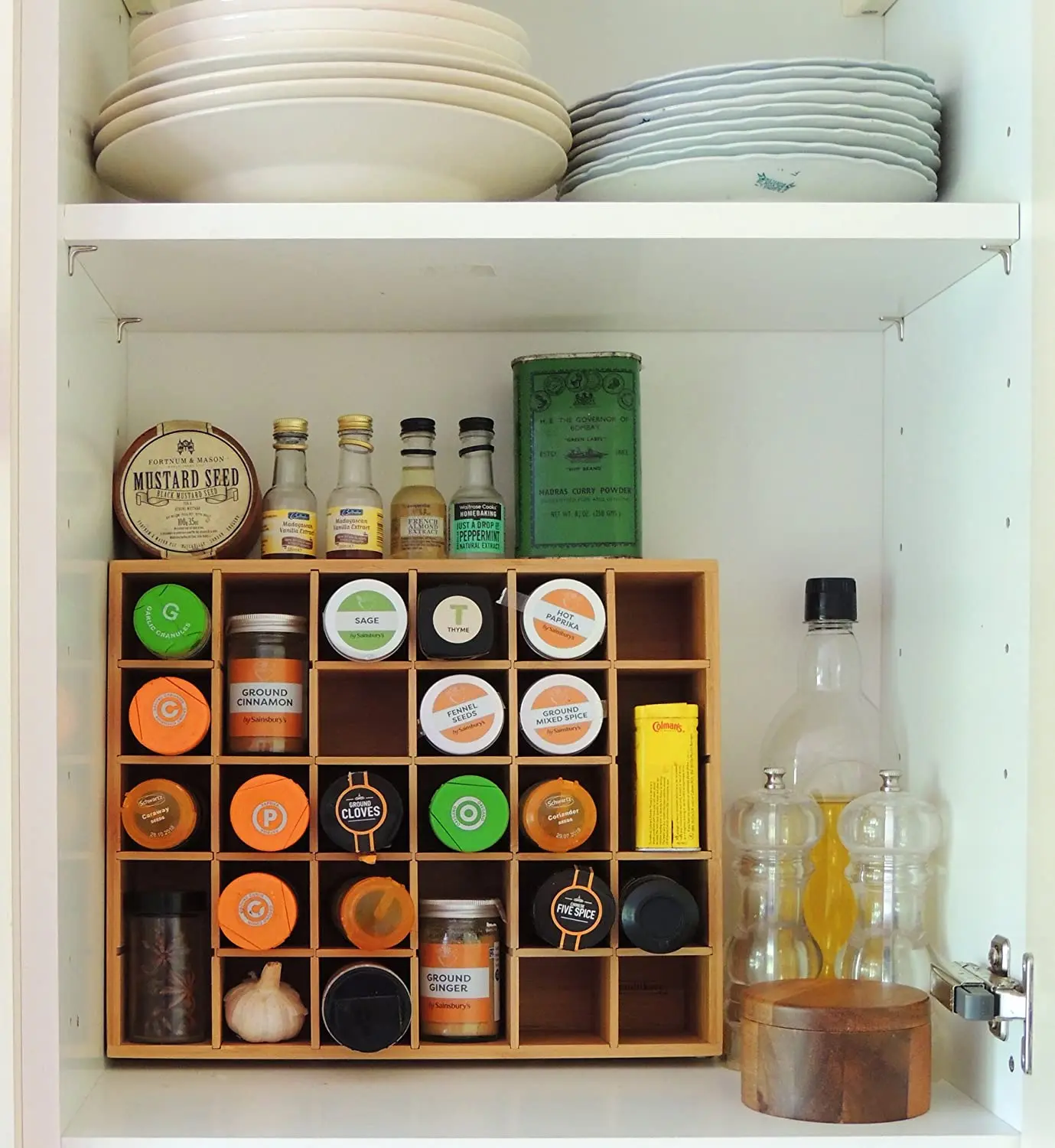 Wooden Spice Rack Shadow Box Adjustable Bamboo Drawer Dividers Organizer for Wall Mount Counter Top Cabinet