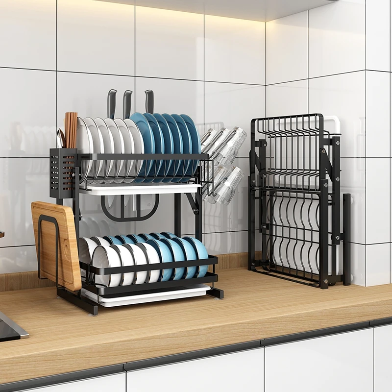 Double layer stainless steel black folding plate drying drain rack kitchenware storage rack for kitchen